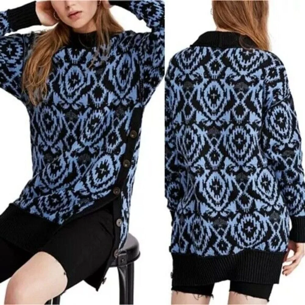 Free People Winter Skies Wallpaper Blue and Black Tunic Sweater Dress Size XS